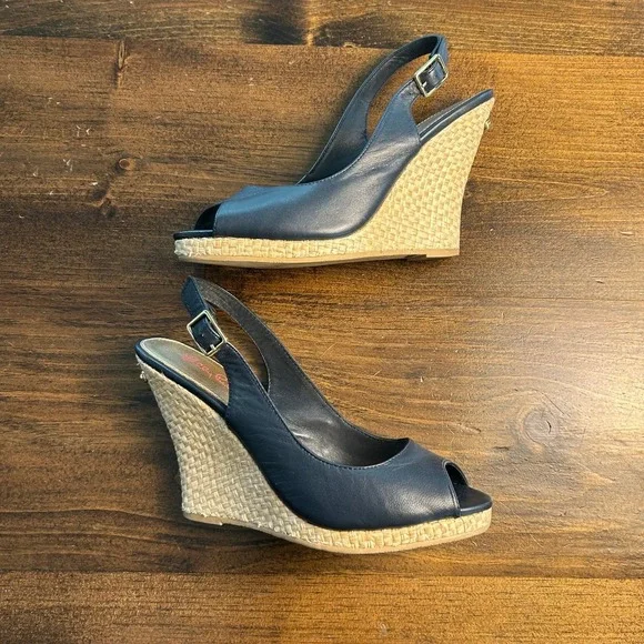 Lilly Pulitzer Kristin Wedge True Navy Blue Leather Sandals Casual Women's Sz 8M - Picture 6 of 11